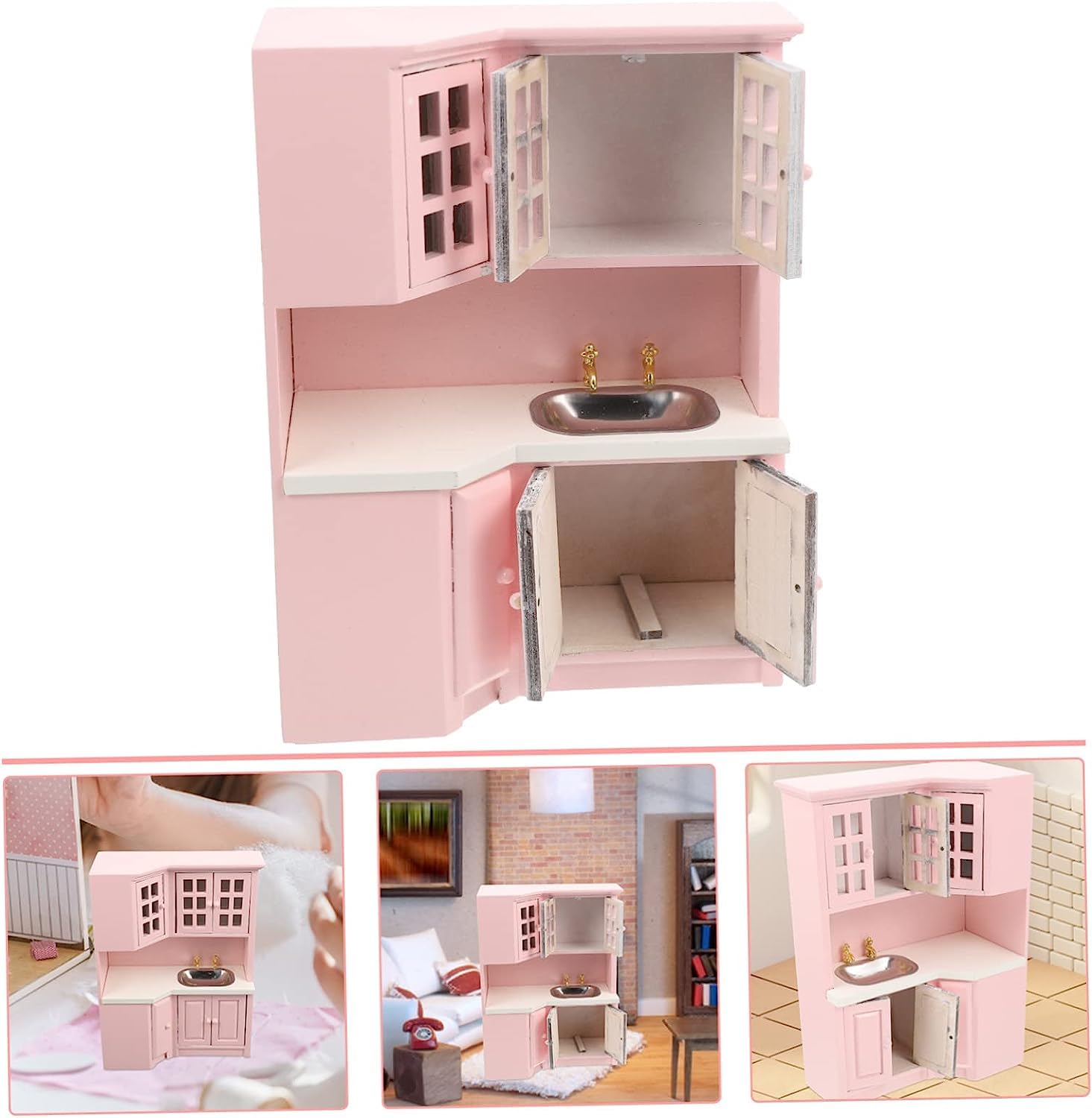 Amazon.co.jp: 2個 ドールハウス 食器棚 ピンク シンク 木製